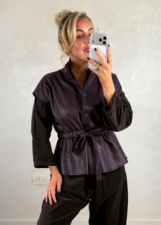 Leather look belted gilet - Aubergine-The Style Attic