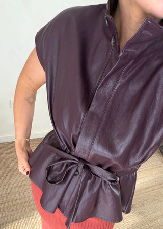Leather look belted gilet - Aubergine-The Style Attic