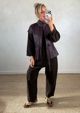 Leather look belted gilet - Aubergine-The Style Attic