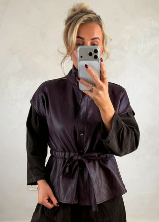 Leather look belted gilet - Aubergine-The Style Attic