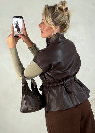 Leather look belted gilet - Chocolate-The Style Attic