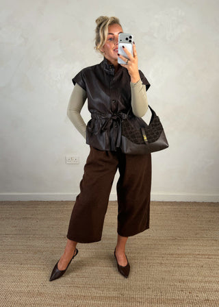 Leather look belted gilet - Chocolate-The Style Attic