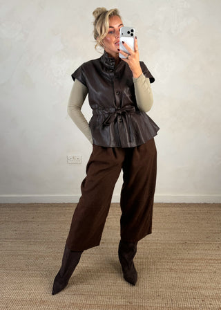 Leather look belted gilet - Chocolate-The Style Attic