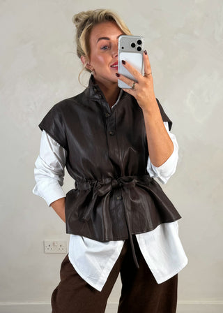 Leather look belted gilet - Chocolate-The Style Attic