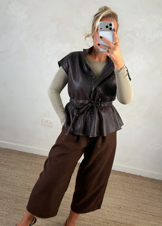 Leather look belted gilet - Chocolate-The Style Attic