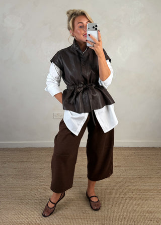 Leather look belted gilet - Chocolate-The Style Attic