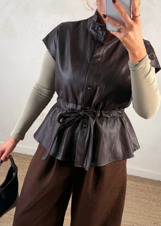 Leather look belted gilet - Chocolate-The Style Attic