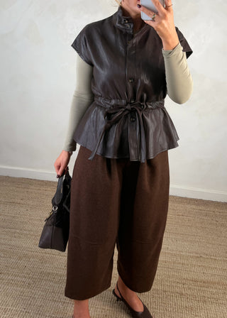 Leather look belted gilet - Chocolate-The Style Attic