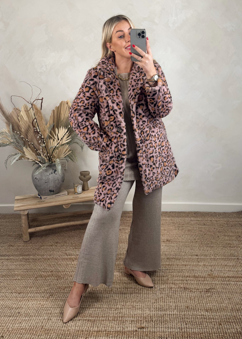 Leopard plush coat - pink-The Style Attic