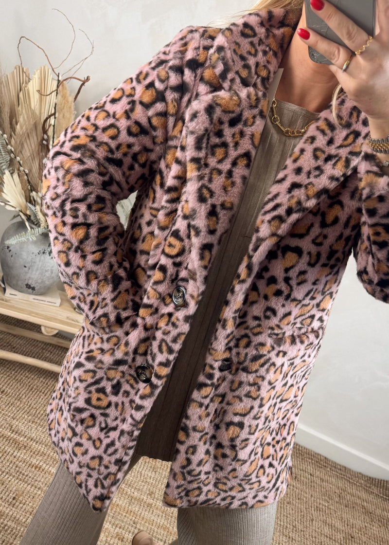 Leopard plush coat - pink-The Style Attic