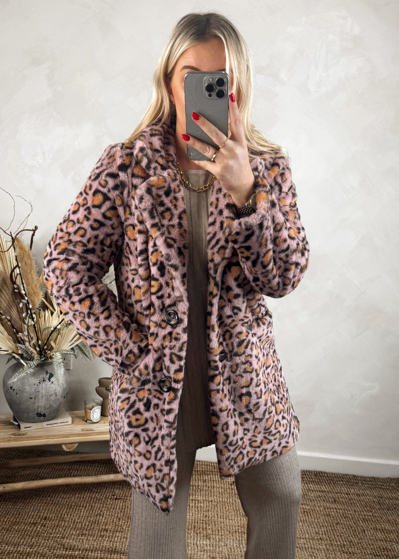 Leopard plush coat - pink-The Style Attic