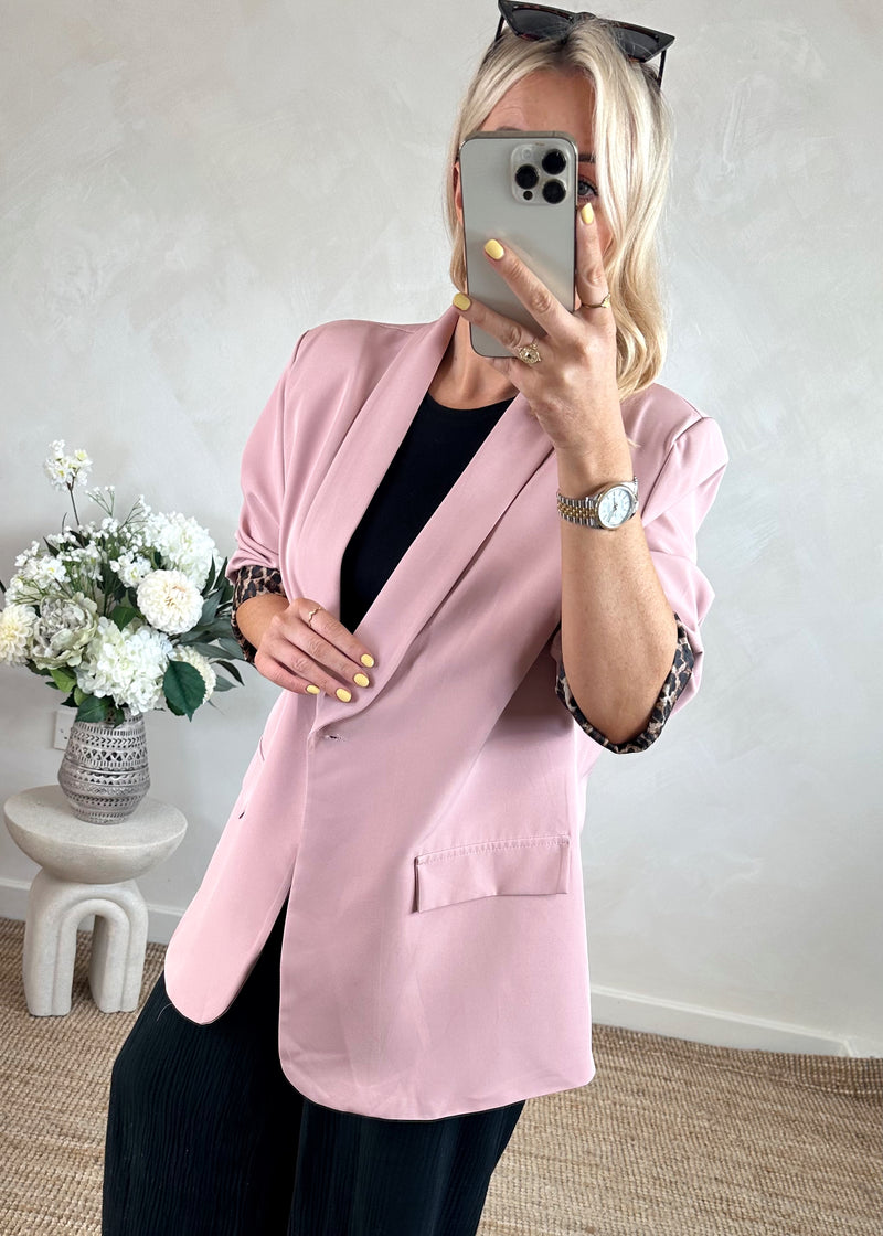 Leopard trim Blazer - blush-The Style Attic