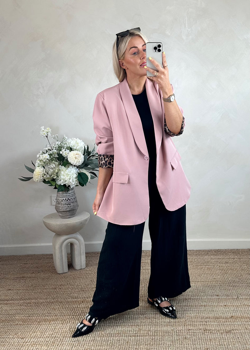 Leopard trim Blazer - blush-The Style Attic