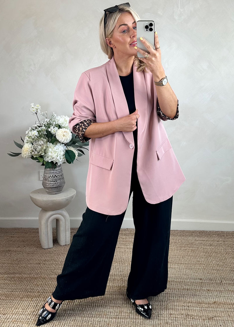 Leopard trim Blazer - blush-The Style Attic