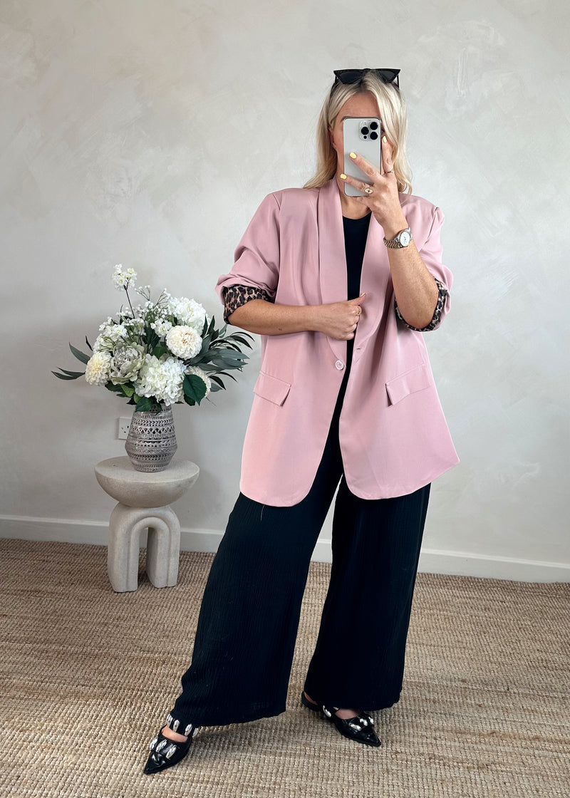 Leopard trim Blazer - blush-The Style Attic
