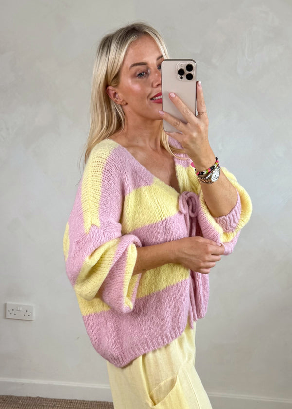 Libby Striped tie front knit - lemon/blush-The Style Attic