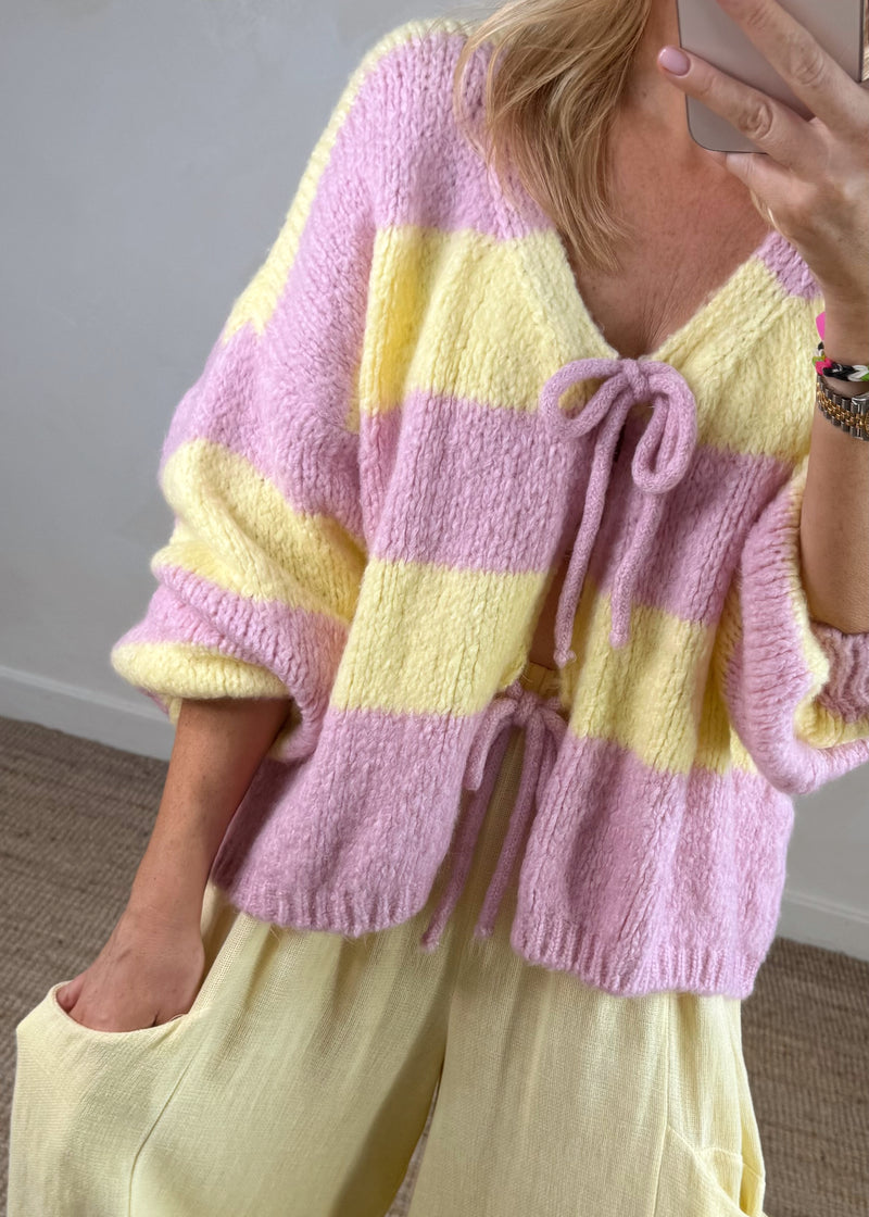 Libby Striped tie front knit - lemon/blush-The Style Attic