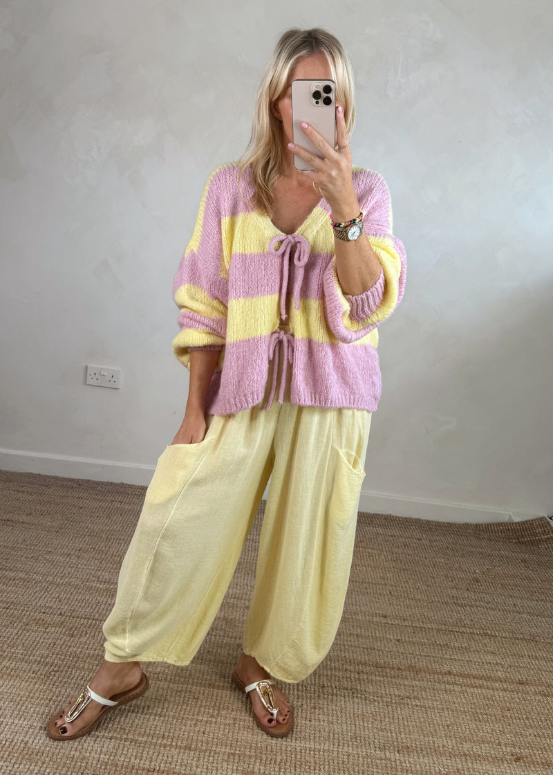 Libby Striped tie front knit - lemon/blush-The Style Attic