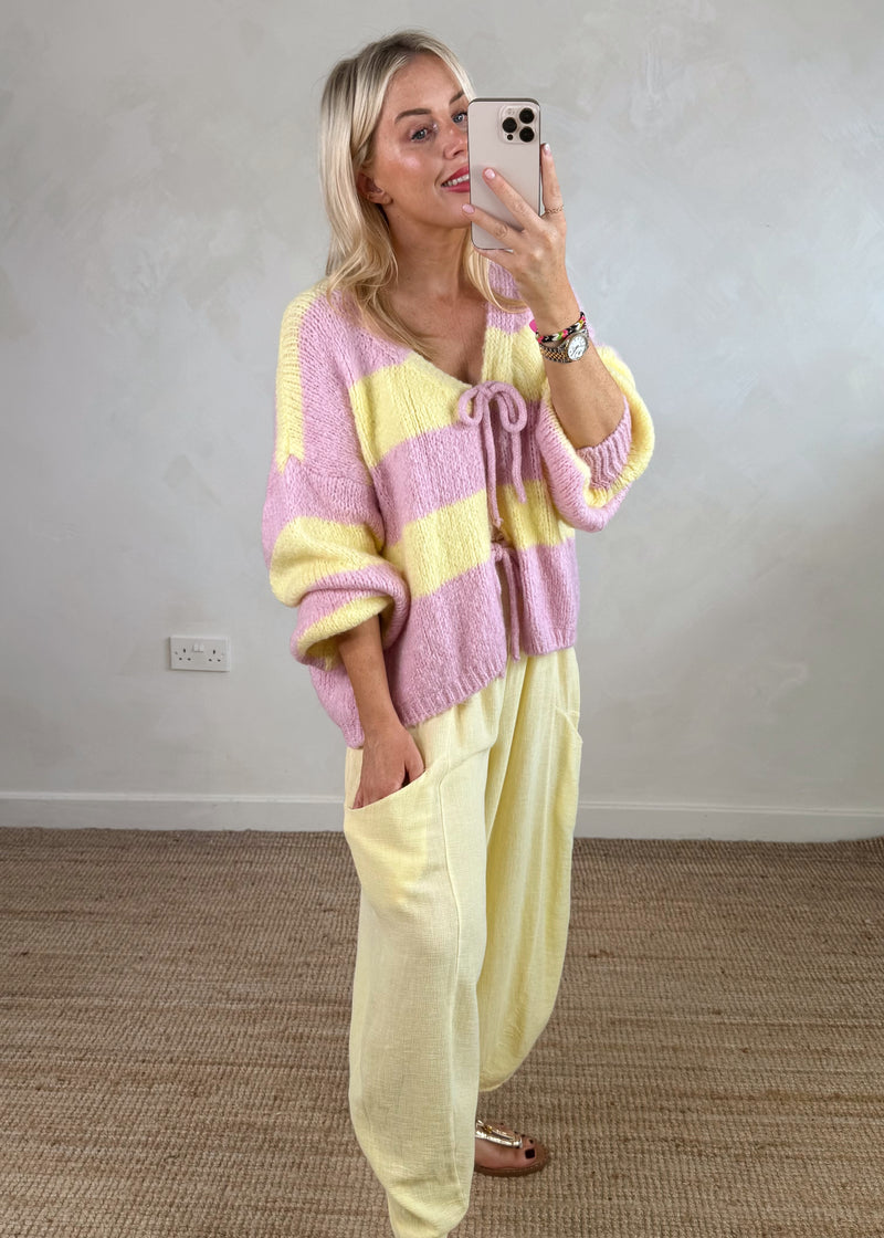 Libby Striped tie front knit - lemon/blush-The Style Attic