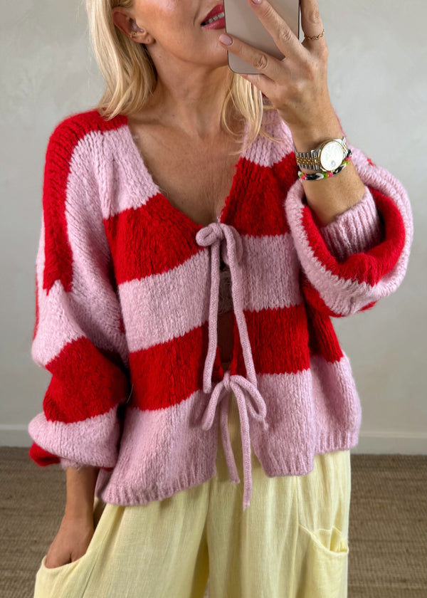 Libby Striped tie front knit - pink/red-The Style Attic