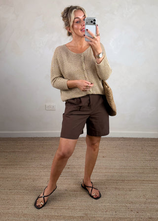 Linen blend shorts - chocolate-The Style Attic