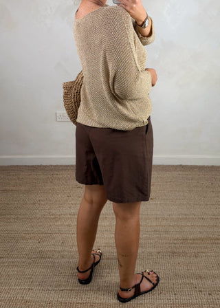 Linen blend shorts - chocolate-The Style Attic