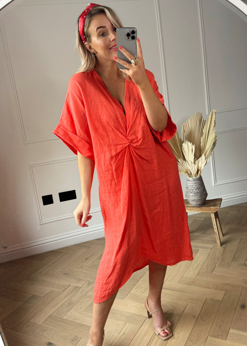 Linen twist front dress - lobster-The Style Attic