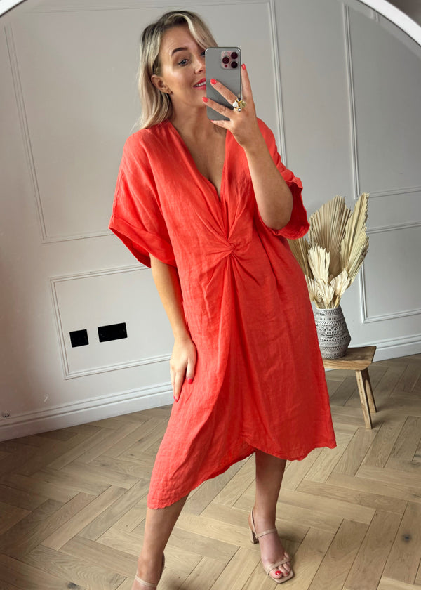 Linen twist front dress - lobster-The Style Attic
