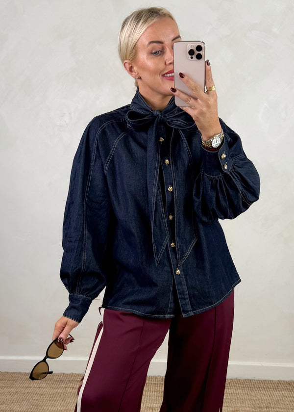 Lou denim pussy bow shirt-The Style Attic
