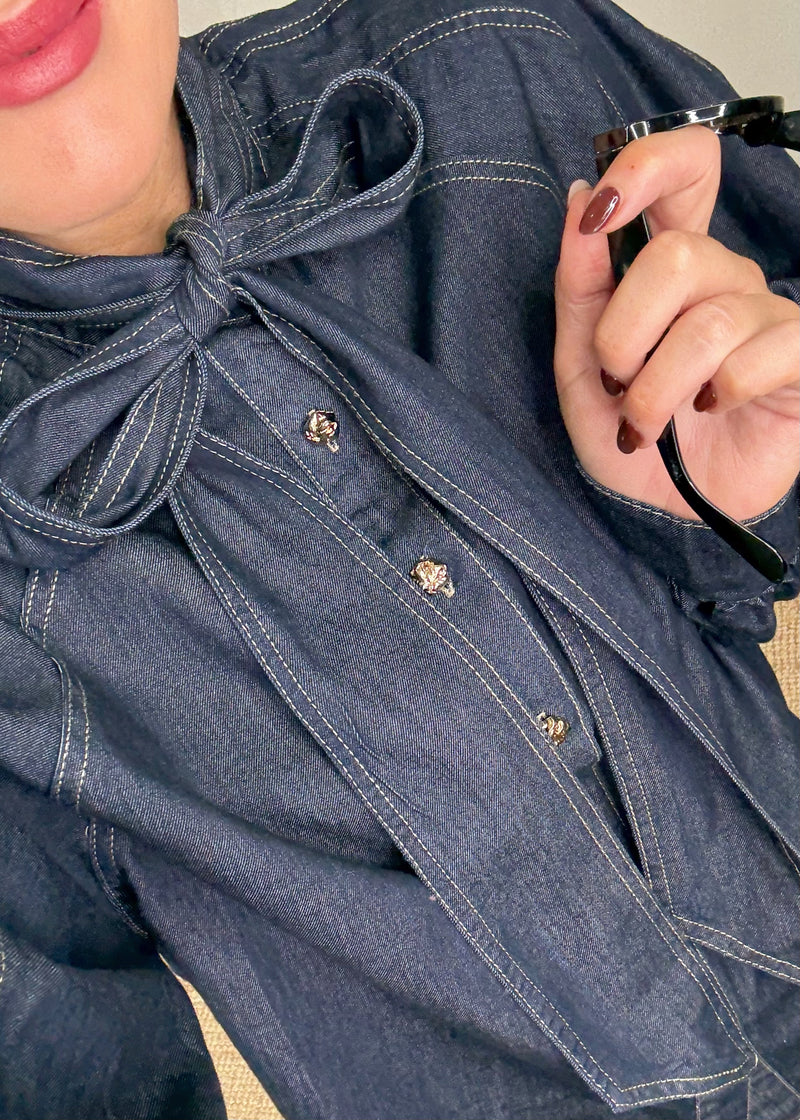 Lou denim pussy bow shirt-The Style Attic