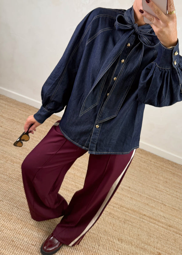 Lou denim pussy bow shirt-The Style Attic