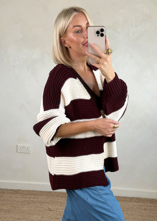 Luca Striped knit - cream/damson-The Style Attic