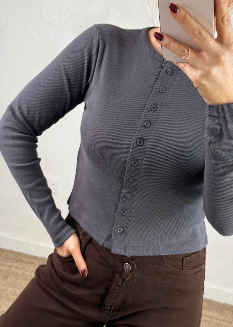 Mae button top - charcoal-The Style Attic