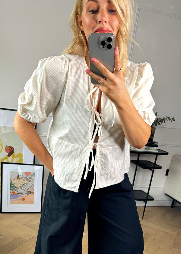 Malmo tie front shirt - beige stripe-The Style Attic