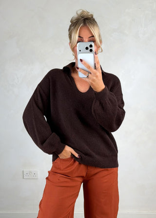 Maria collared knit - Chocolate-The Style Attic