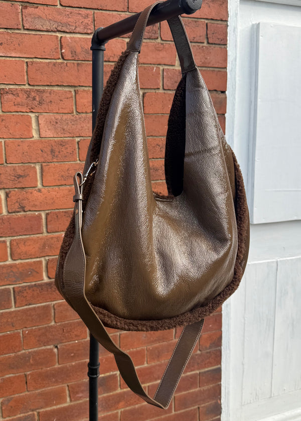 Martina teddy bag - patent chocolate-The Style Attic