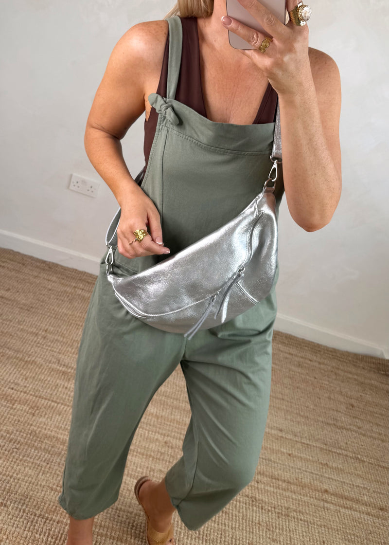 Meryl cropped dungaree - khaki-The Style Attic
