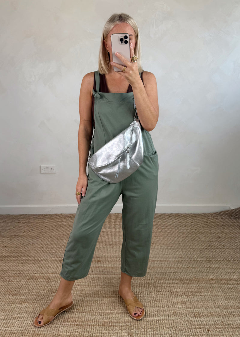 Meryl cropped dungaree - khaki-The Style Attic