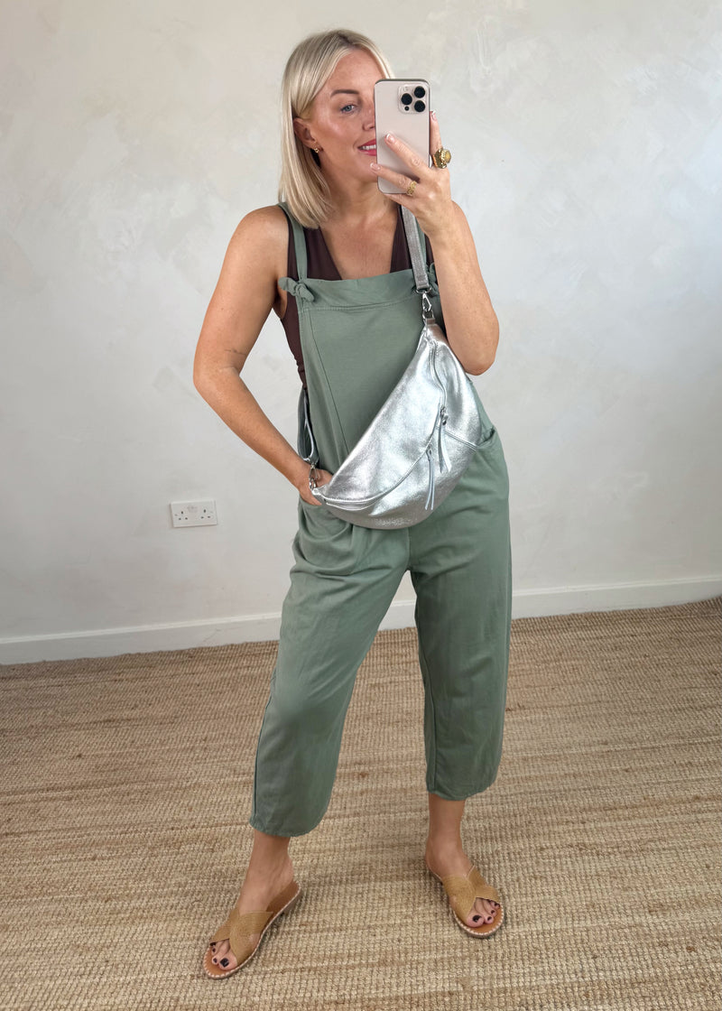 Meryl cropped dungaree - khaki-The Style Attic
