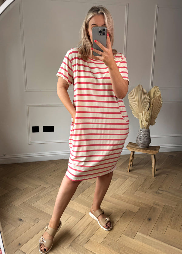 Mikey striped pocket dress - coral-The Style Attic