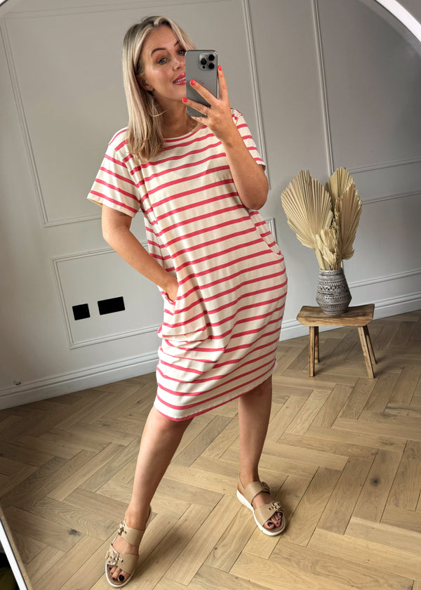 Mikey striped pocket dress - coral-The Style Attic