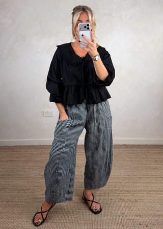 Millie gingham barrel leg trouser - Black-The Style Attic