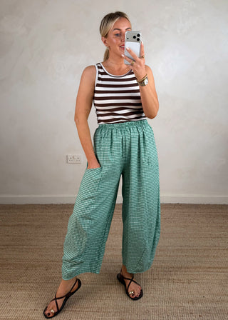 Millie gingham barrel leg trouser - Emerald-The Style Attic