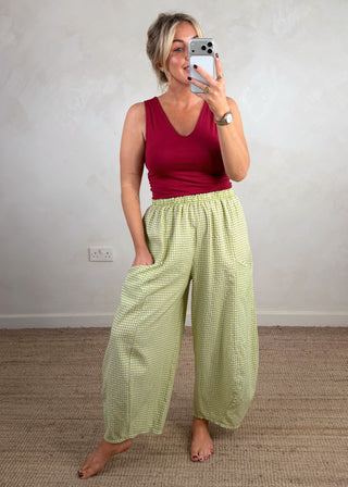 Millie gingham barrel leg trouser - Pistachio-The Style Attic