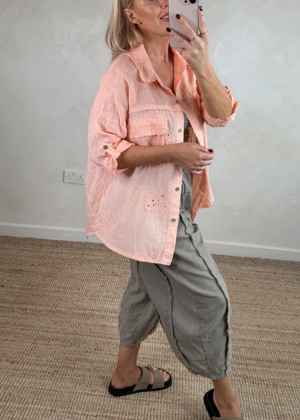 Monstera linen shirt - peach-The Style Attic