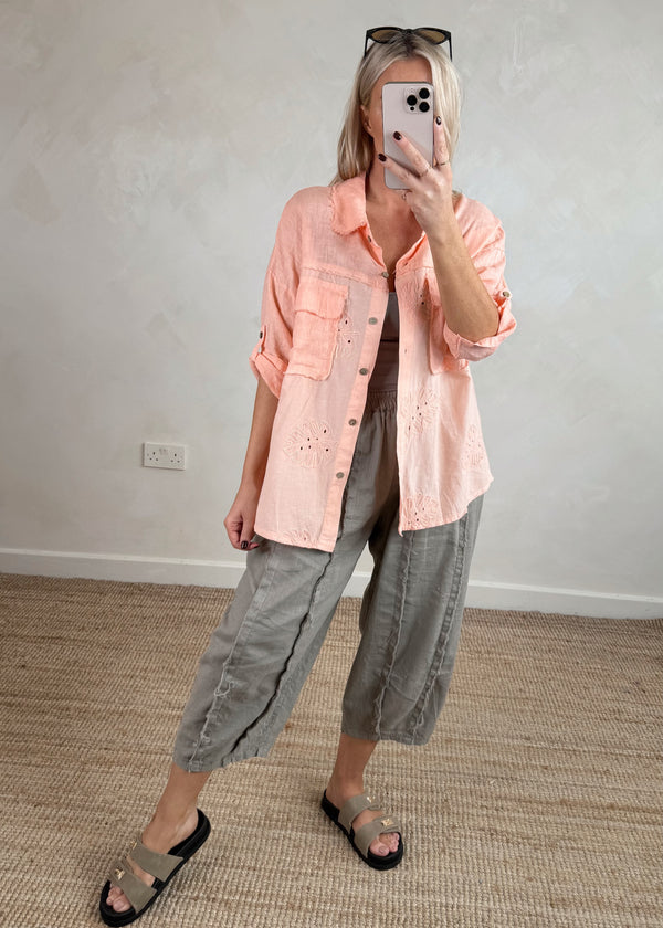 Monstera linen shirt - peach-The Style Attic