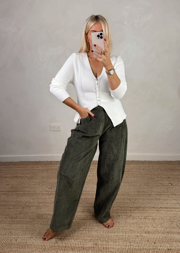 Mylie corduroy barrel leg trouser - khaki-The Style Attic