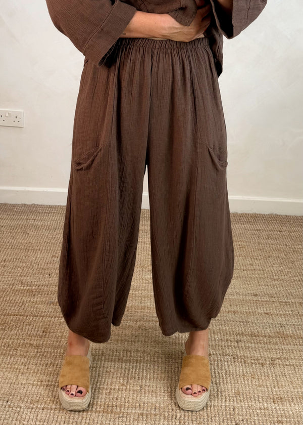 Nadine barrel leg linen trouser - chocolate-The Style Attic