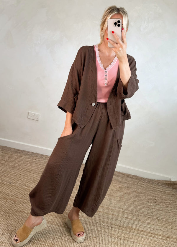 Nadine barrel leg linen trouser - chocolate-The Style Attic