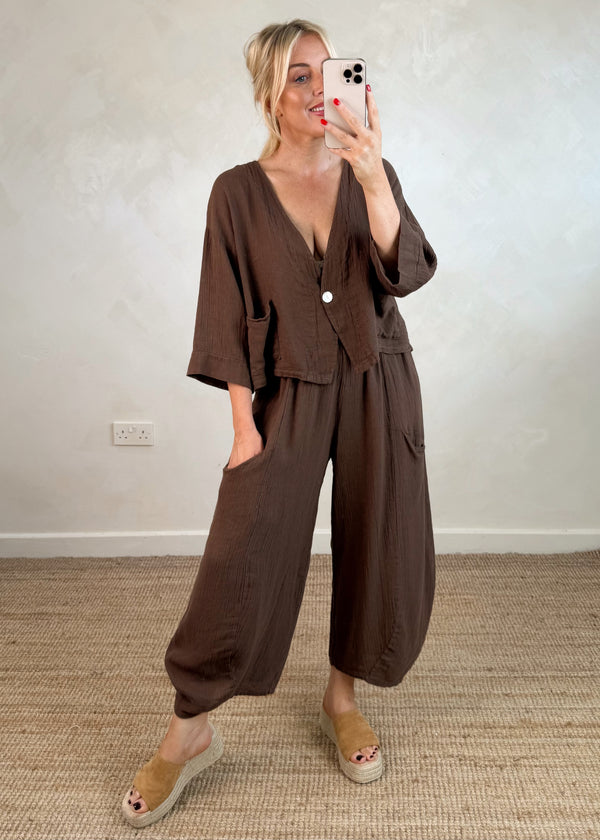 Nadine barrel leg linen trouser - chocolate-The Style Attic